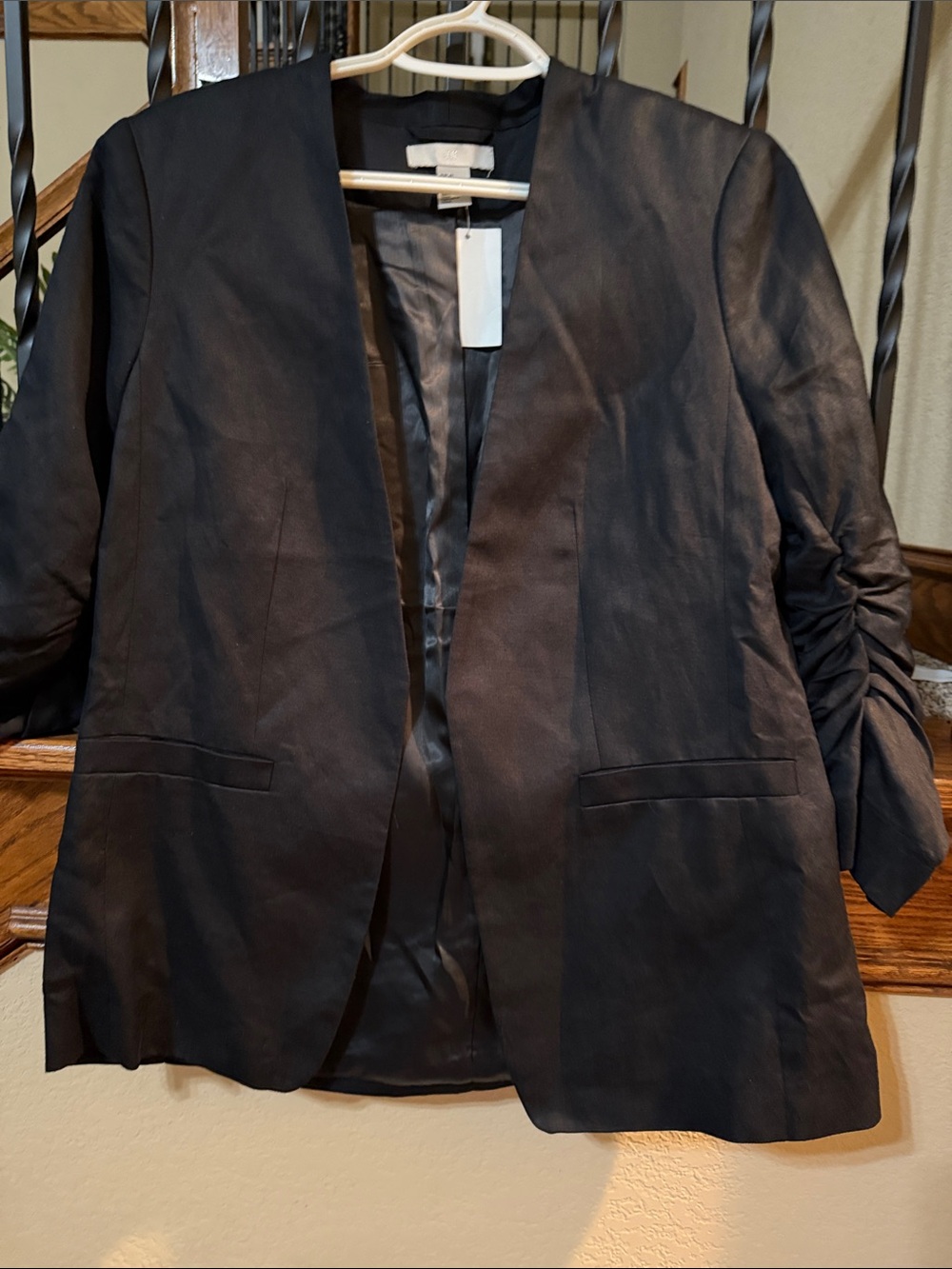 H&M Black Womens Open-Front Blazer with Ruched Sleeves